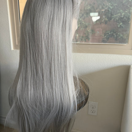 Tillstyle long silver grey wig with bangs straight wig for women 26 inch