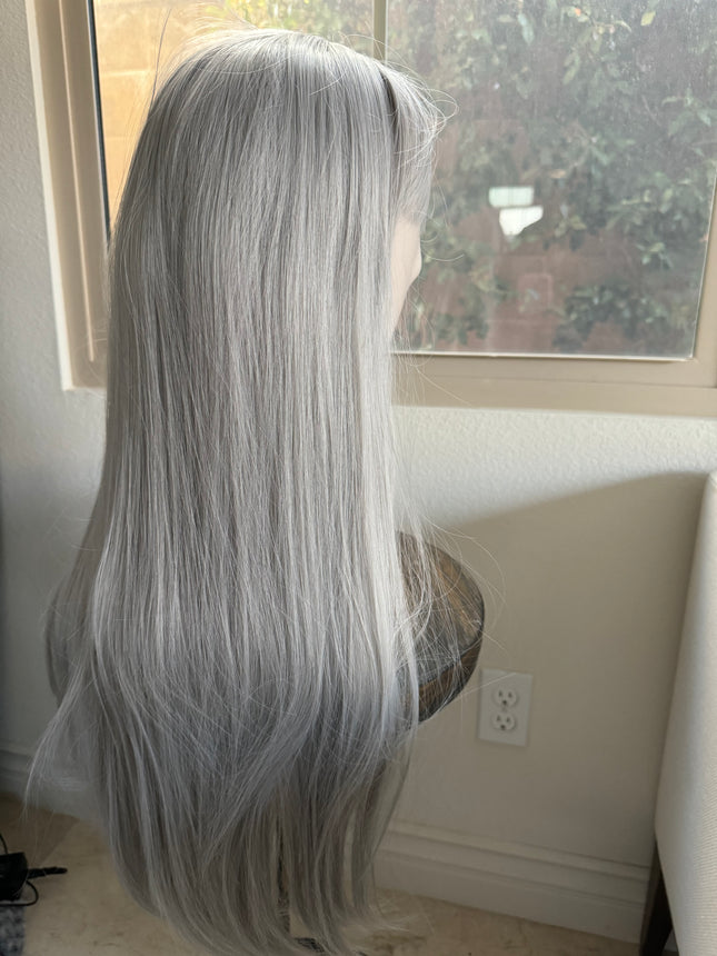 Tillstyle long silver grey wig with bangs straight wig for women 26 inch