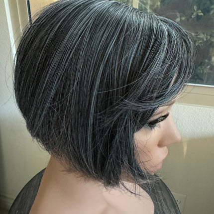 Tillstyle salt and pepper grey hair topper with bangs