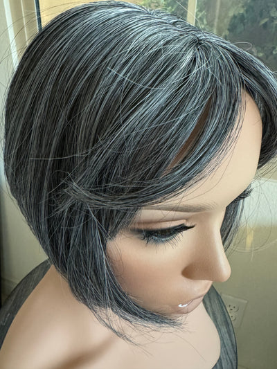 Tillstyle salt and pepper grey hair topper with bangs