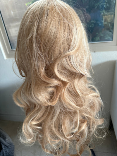 Tillstyle long  body wave wig blonde with highlights wig with bangs layered synthetic wig 22 inches