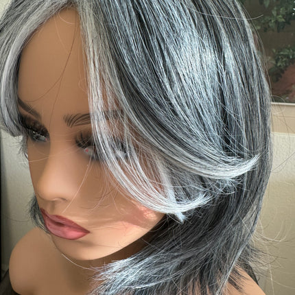 Tillstyle short grey layered wig /pale white ends/bangs