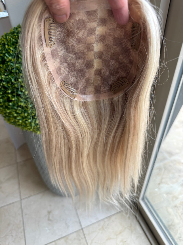 Human hair topper with mono base  Blonde ash brown highlighted