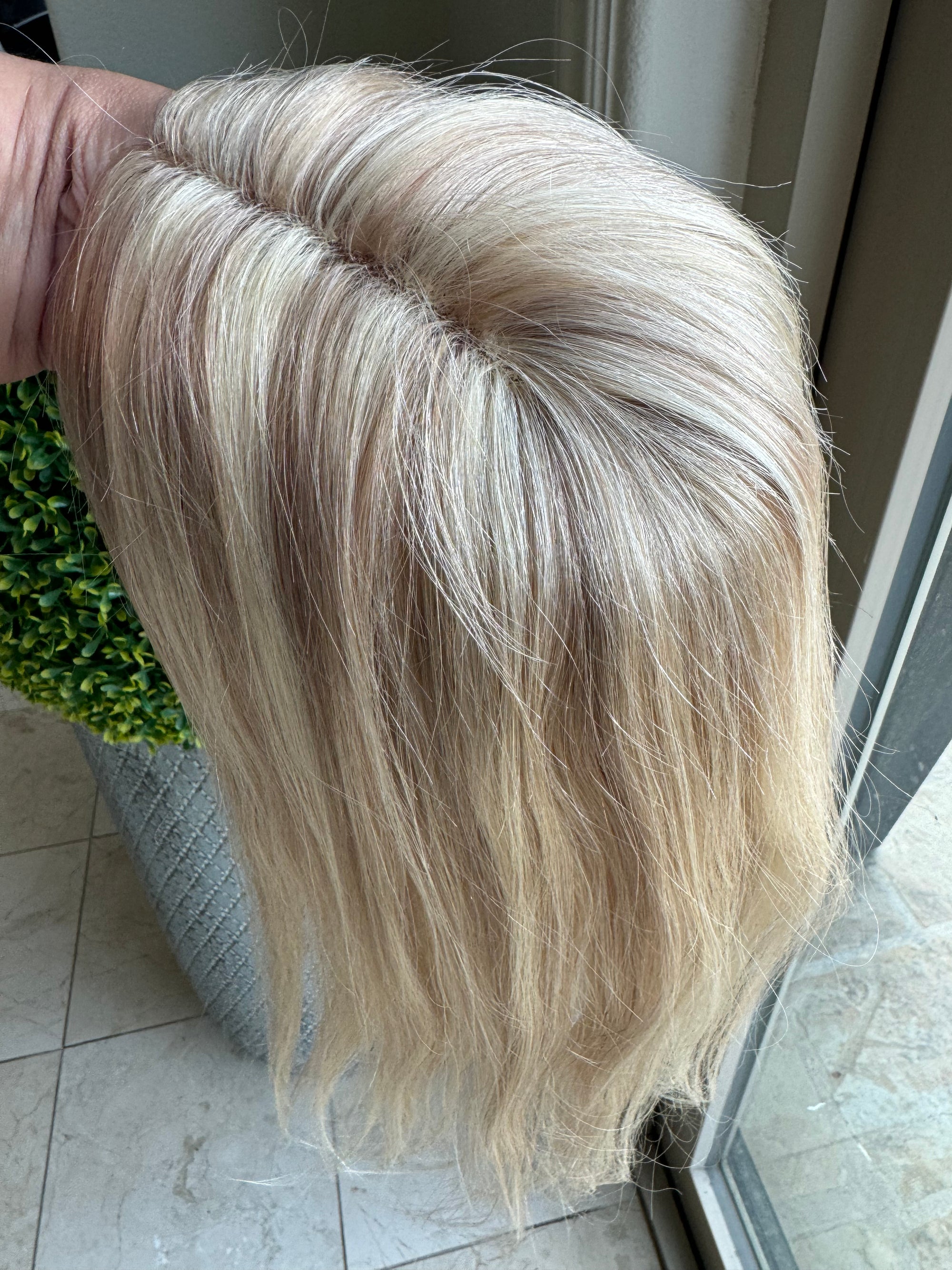 Human hair topper with mono base bleach Blonde highlighted