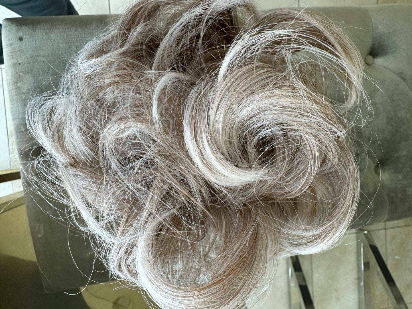 Tillstyle  white grey blonde messy hair bun curly hair
