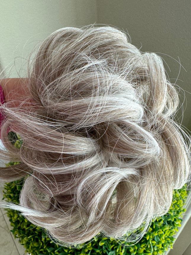 Tillstyle  white grey blonde messy hair bun curly hair