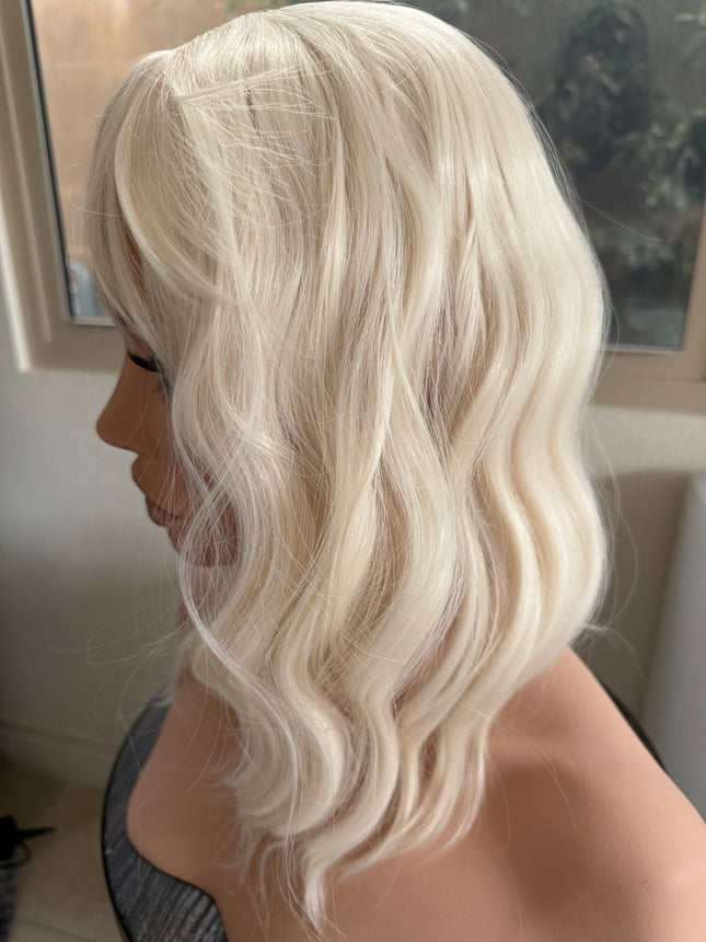 Till style platinum blonde hair toppers for women  with butterfly bangs loose body wave