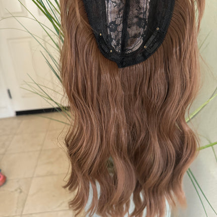 Till style medium brown hair toppers for women  with butterfly bangs loose body wave