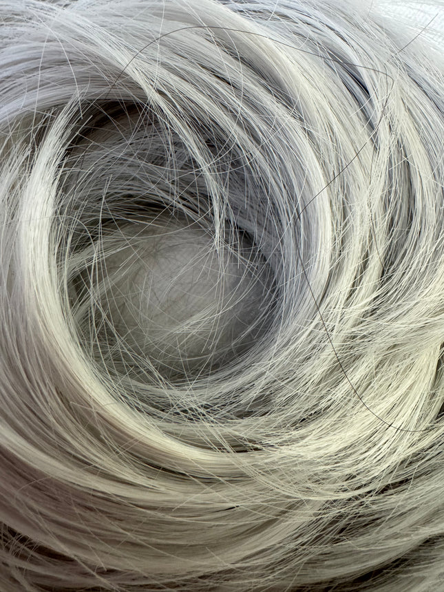 Tillstyle silver hairbun scrunchie with straight hair bangs tousled updo
