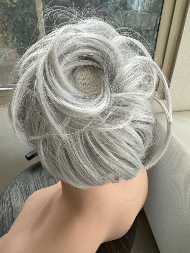 Tillstyle silver hairbun scrunchie with straight hair bangs tousled updo