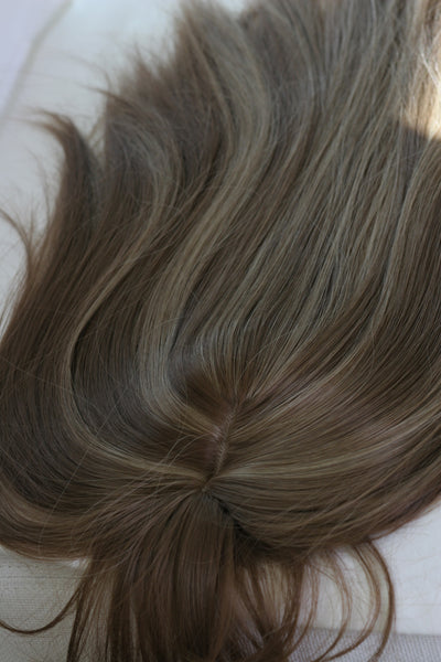 Human Hair Topper With Bangs for Women Balayage Highlights (#4/27/4) medium ash brown /ash blonde