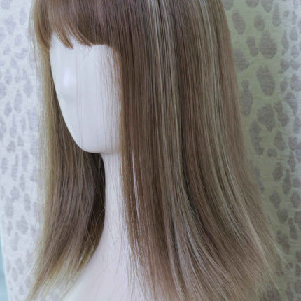 Human Hair Topper With Bangs for Women Balayage Highlights (#4/27/4) medium ash brown /ash blonde