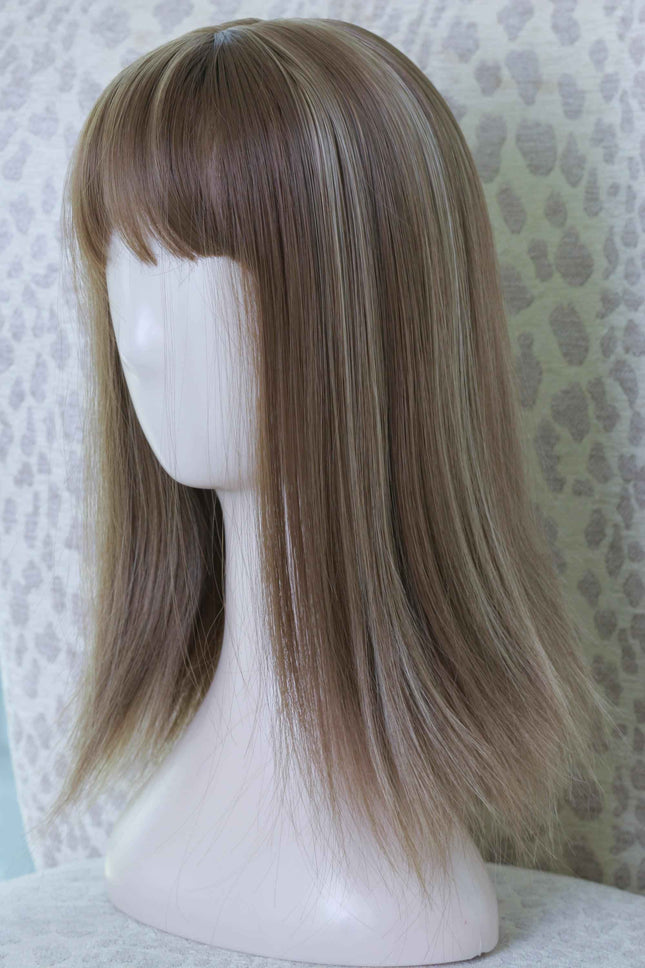 Human Hair Topper With Bangs for Women Balayage Highlights (#4/27/4) medium ash brown /ash blonde